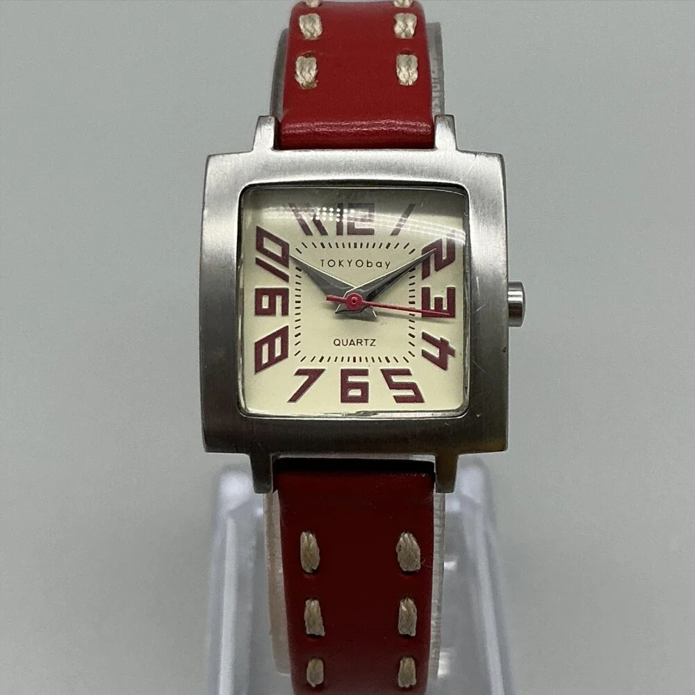 TOKYObay Womens Watch 23mm Cream Dial Red Leather Square New Battery